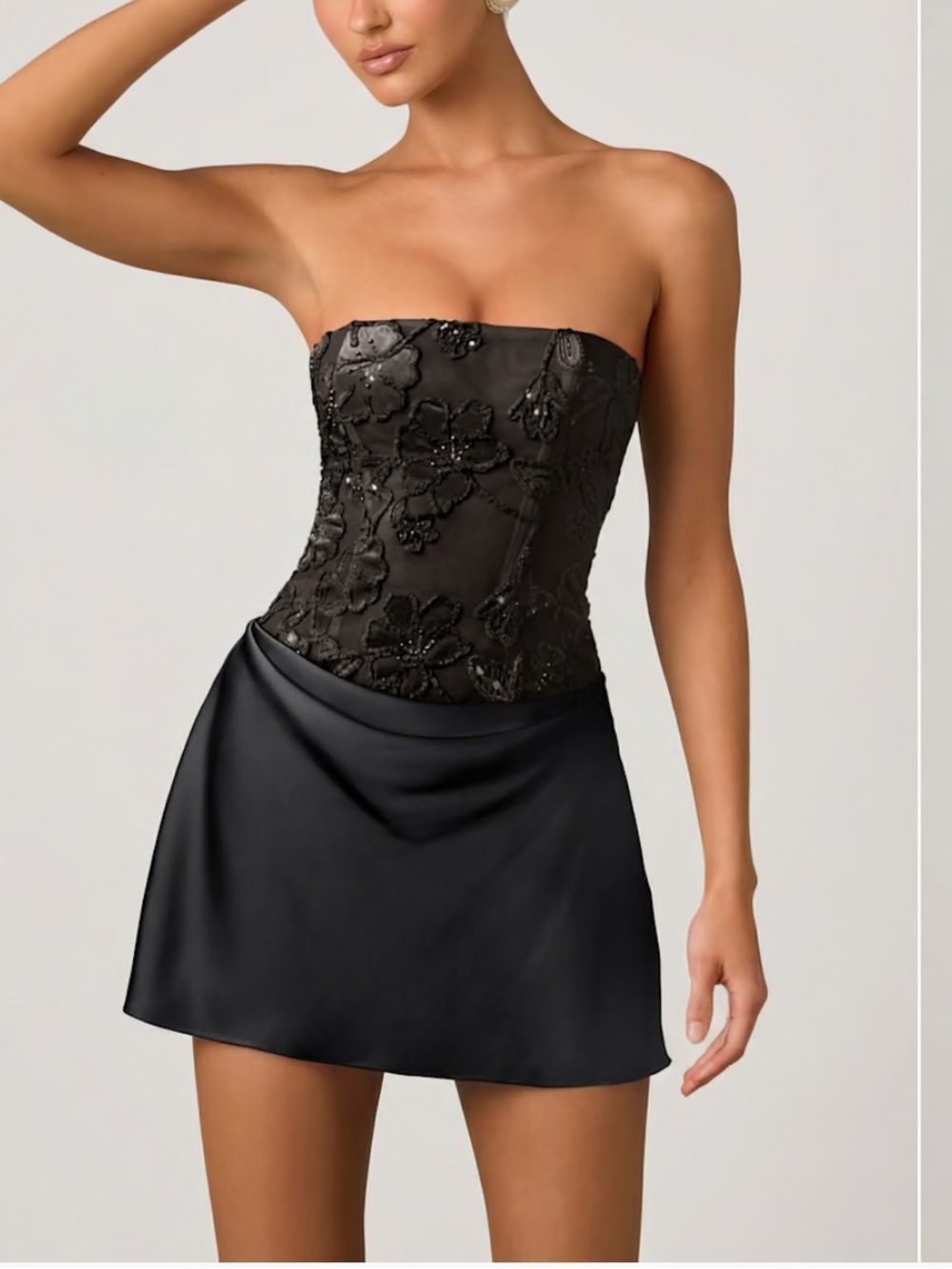 Oh Polly Black Strapless Embroidered Bustier Mini Dress